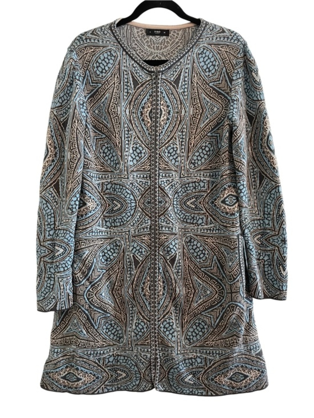 IVKO Blue Cream Zip-Front Abstract Patterned Cotton Knit Sweater Jacket Size 38